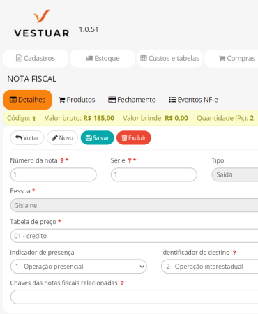 Vestuar - Módulo Nota Fiscal