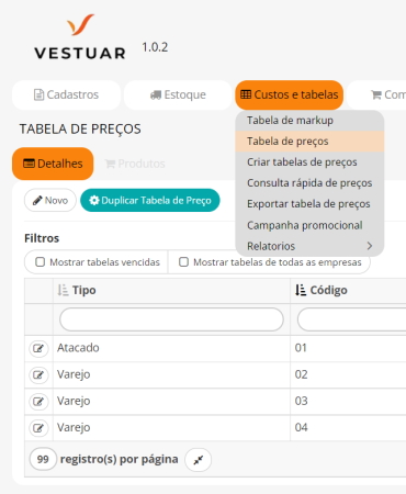 Vestuar - Módulo Tabela de Preço